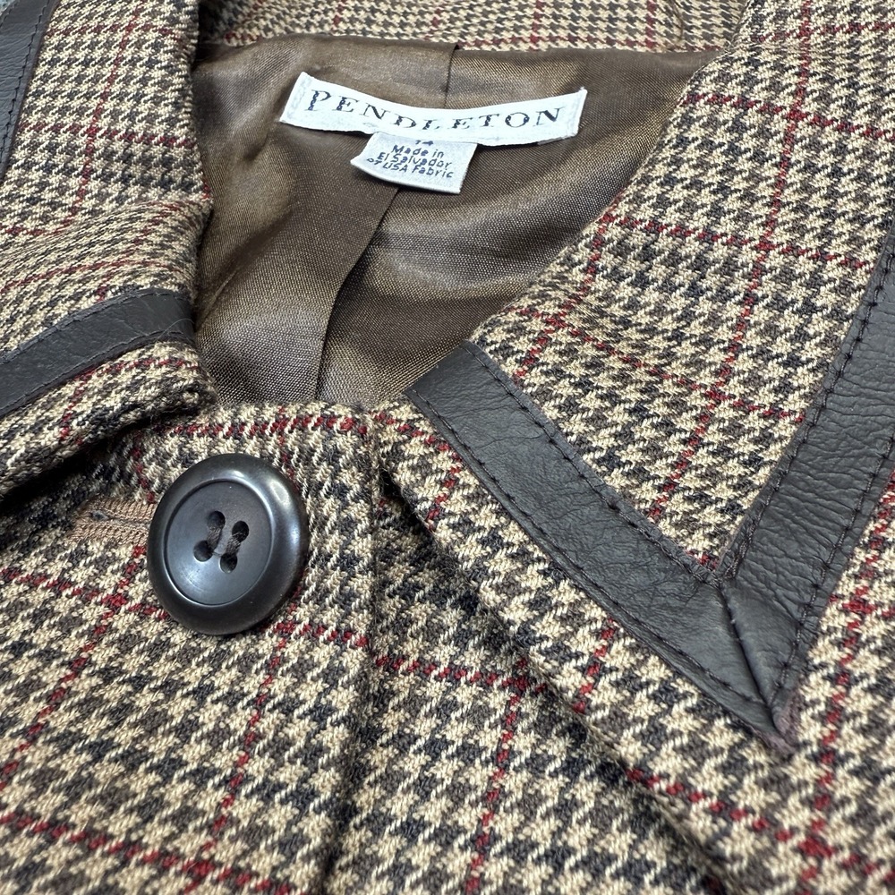Vintage Pendleton Wool Blazer Jacket Women 14 Leather Trim‎ Houndstooth USA Made